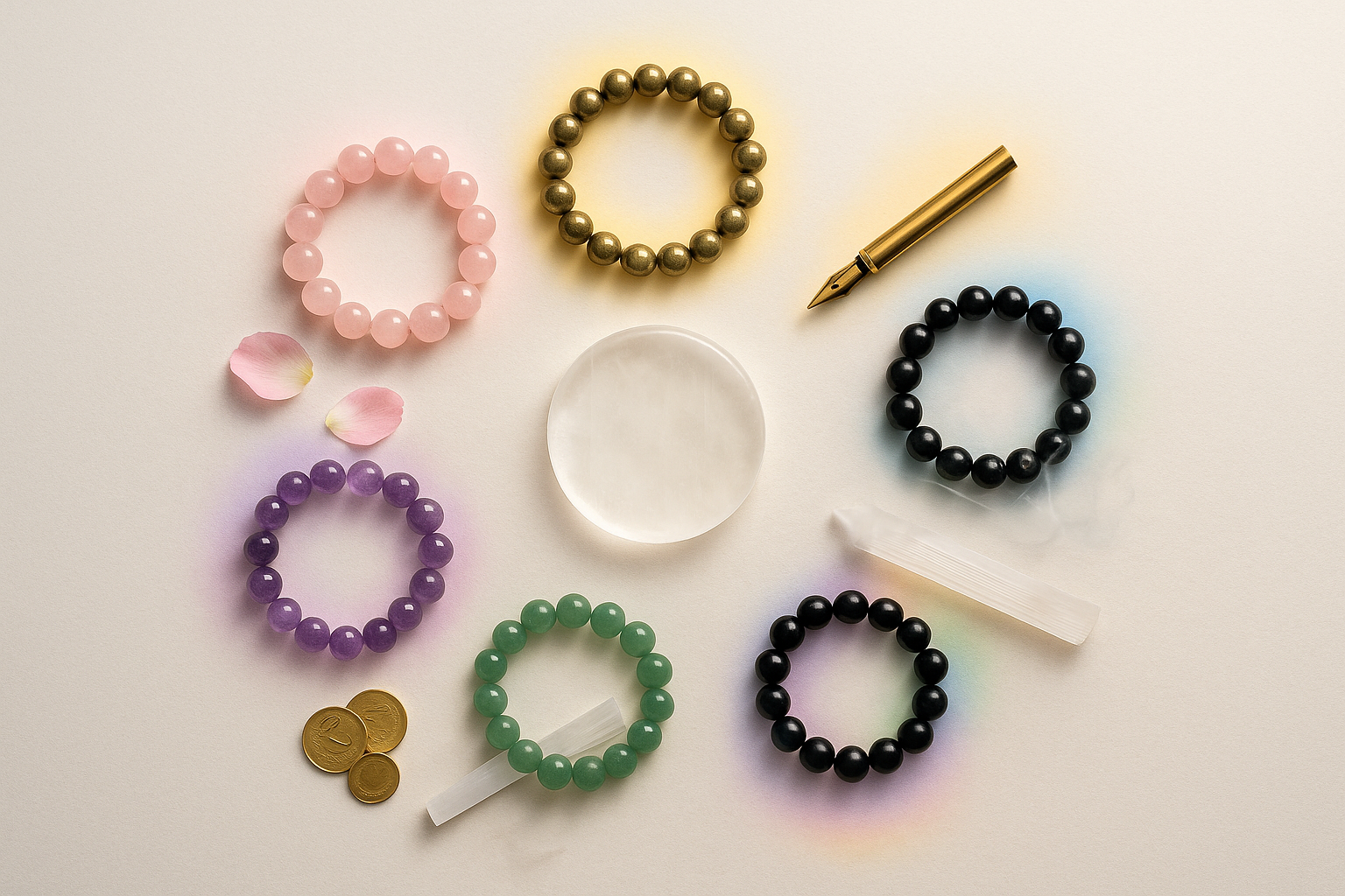 Shop by Intention flat lay: six 8mm crystal bracelets around clear quartz—wealth, love, protection, calm, focus, chakra balance – Nazima Agate