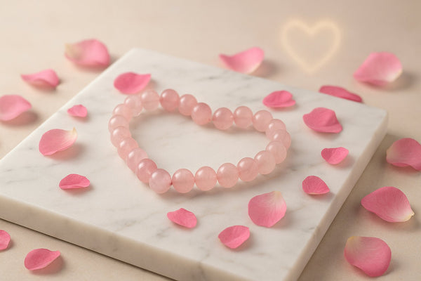 Heart-shaped Rose Quartz 8mm Bracelet with rose petals for Love and Relationships healing – Nazima Agate