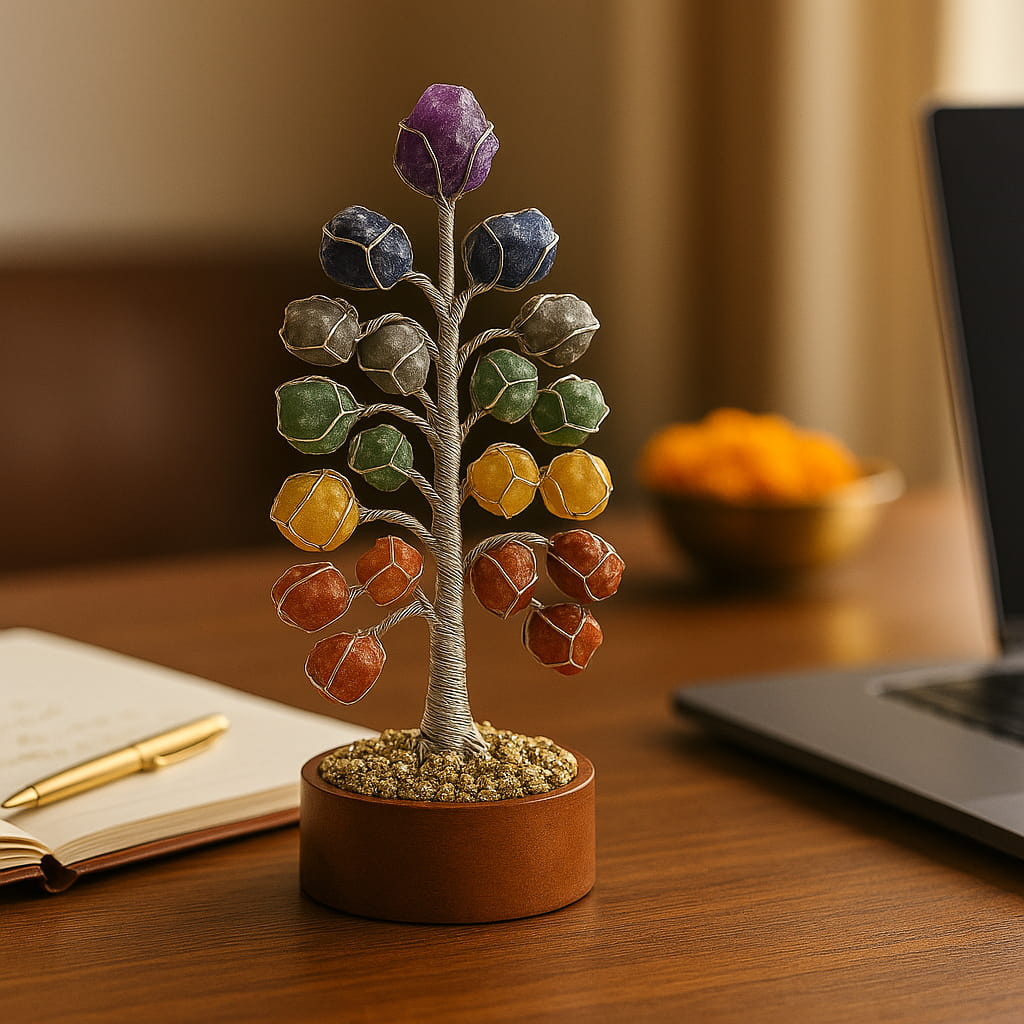 Blessed 7 chakra crystal tree mounted on a pyrite crystal chip base, ideal for attracting abundance, clarity, and inner peace