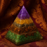 Nazima Agate Money Magnet Crystal Pyramid – Amethyst peak, Citrine & Pyrite mid-layers, Tiger Eye & Green Aventurine base