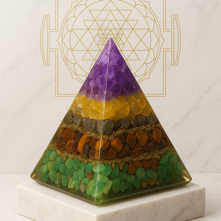 Money Magnet Pyramid by Nazima Agate featuring Amethyst, Citrine, Pyrite, Tiger Eye & Green Aventurine on white background