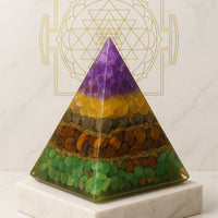 Money Magnet Pyramid by Nazima Agate featuring Amethyst, Citrine, Pyrite, Tiger Eye & Green Aventurine on white background