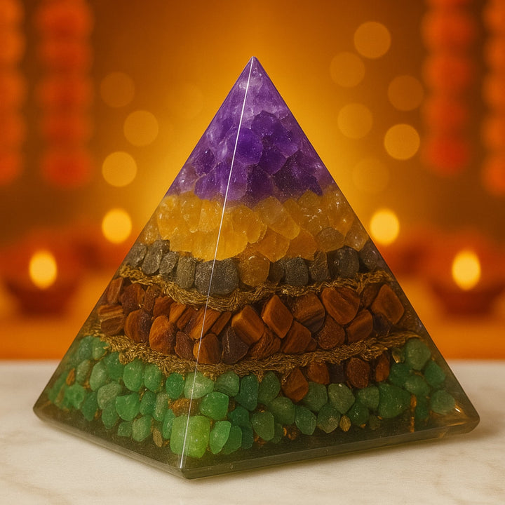 Nazima Agate Money Magnet Crystal Pyramid – Amethyst peak, Citrine & Pyrite mid-layers, Tiger Eye & Green Aventurine base