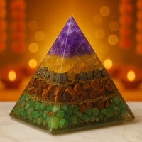 Nazima Agate Money Magnet Crystal Pyramid – Amethyst peak, Citrine & Pyrite mid-layers, Tiger Eye & Green Aventurine base