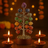Natural gemstone energy tree for home decor and vastu correction, featuring colorful raw crystals on a handcrafted wire frame