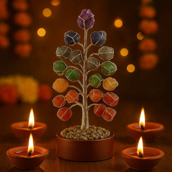 Natural gemstone energy tree for home decor and vastu correction, featuring colorful raw crystals on a handcrafted wire frame