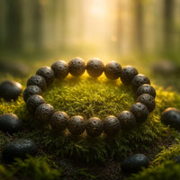 Lava stone bracelet on a mossy surface with a forest background