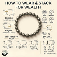 How to wear, cleanse and care for a Peru Pyrite 8mm bracelet — step by step infographic by Nazima Agate