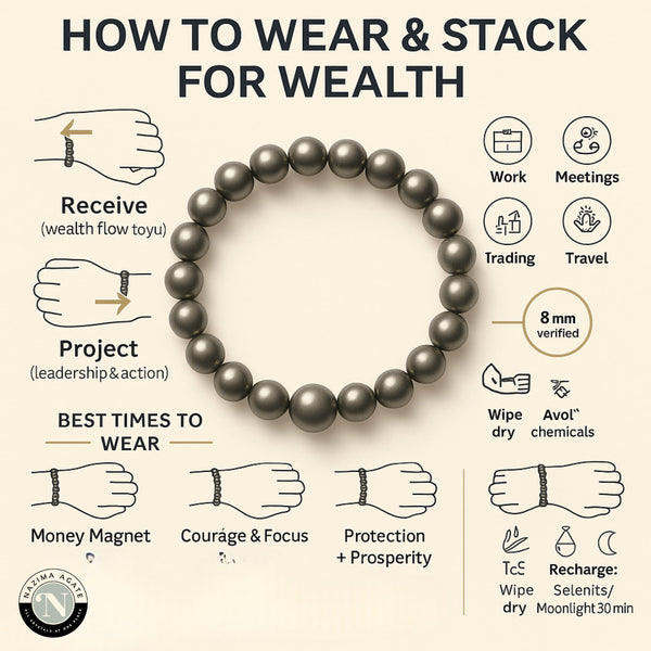 How to wear, cleanse and care for a Peru Pyrite 8mm bracelet — step by step infographic by Nazima Agate