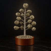Pyrite Money Tree close up showing natural pyrite clusters and metal branches for abundance and success