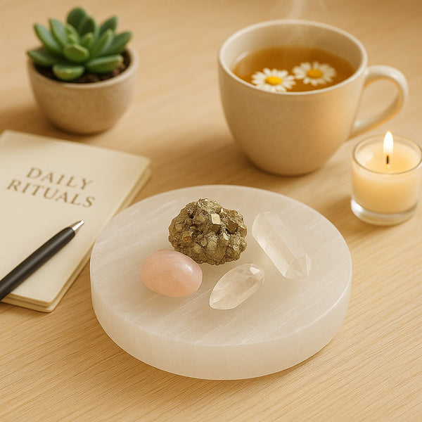 Selenite charging plate on bedside with jewellery